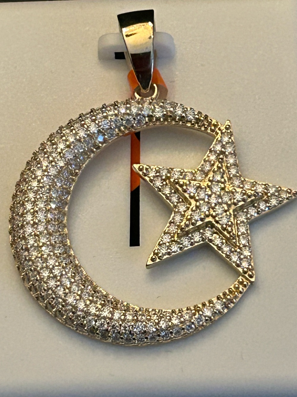 1.50CTW Sparkly Crescent Moon & Star Pendant 14kt Gold over 925 Sterling Silver